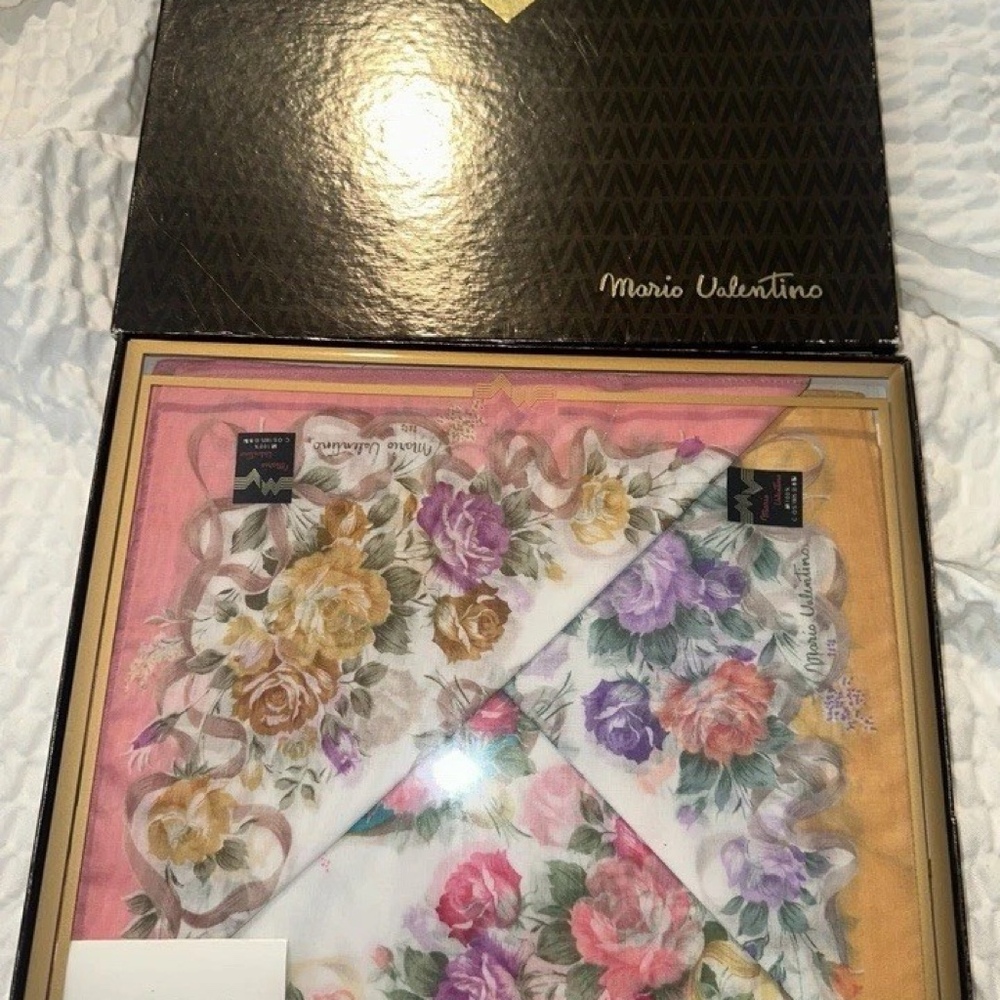 Vintage Mario Valentino Designer Handkerchief Boxed Floral Italian NOS